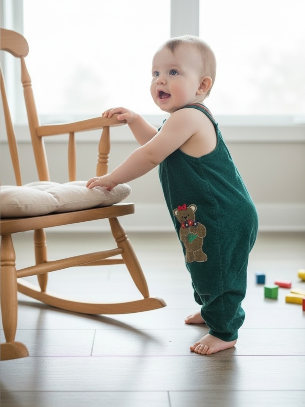 Girl’s Green Corduroy Bear Overalls